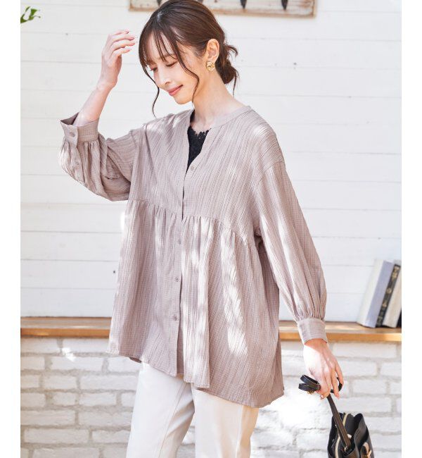 ikka「冷感楊柳バンドカラーシャツ」|シャツ・ブラウス|グレージュ
