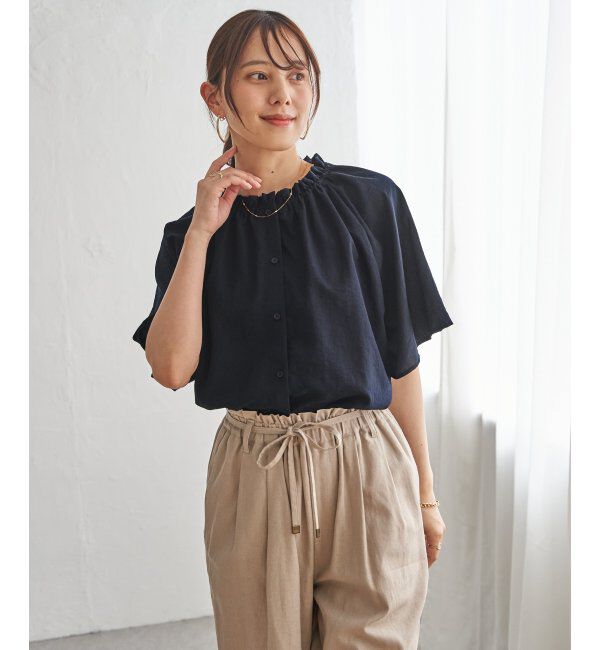 ikka「【接触冷感】襟フリル半袖ブラウス」|シャツ・ブラウス|ネイビーブルー