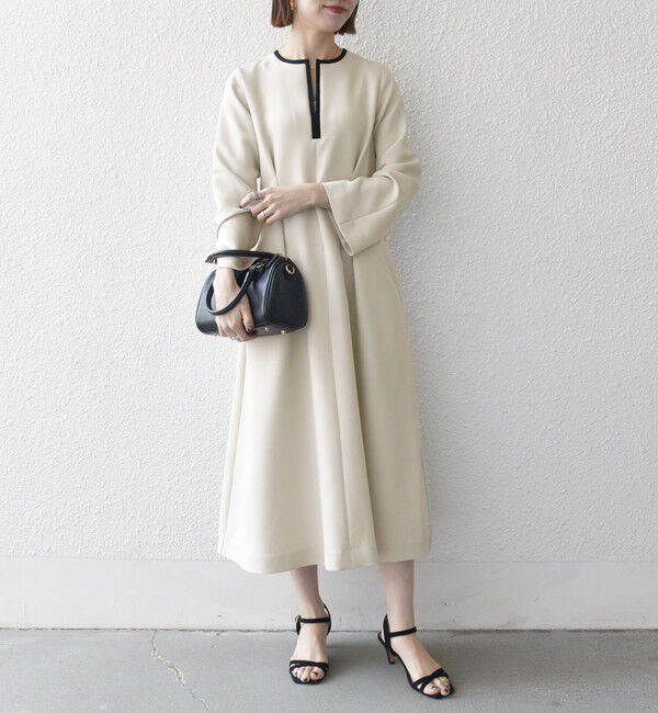 SHIPS any「【WEB限定】SHIPS any: ダブルクロス ウエスト タック Aライン ワンピース ［NAVY BLUE］」|ワンピース|ベージュ