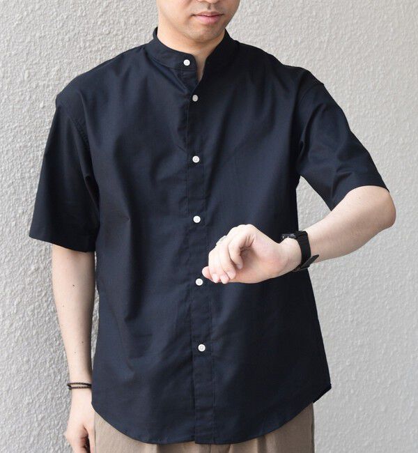 SHIPS any「SHIPS any:〈接触冷感・ストレッチ・遮熱等〉ハイブリッドリネン バンドカラー ショートスリーブ シャツ◇」|シャツ・ブラウス|ネイビー