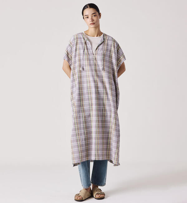  「INDIA INDUSTRY | マドラスチェック カフタンワンピース WOMEN」|シャツ・ブラウス|GREY系1