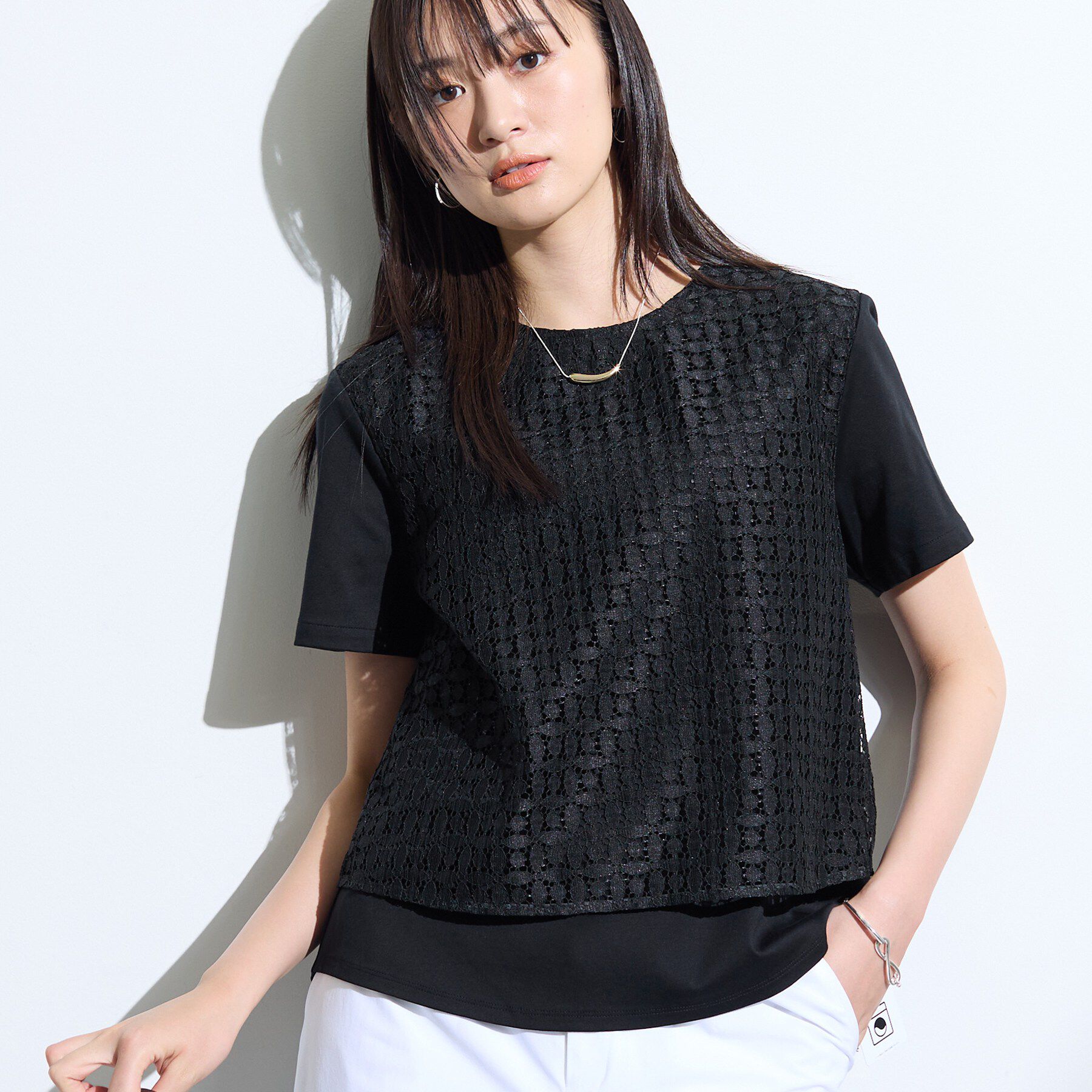 INDIVI「【洗える】レイヤード風レースコンビTシャツ」|Tシャツ・カットソー|ブラック(019)