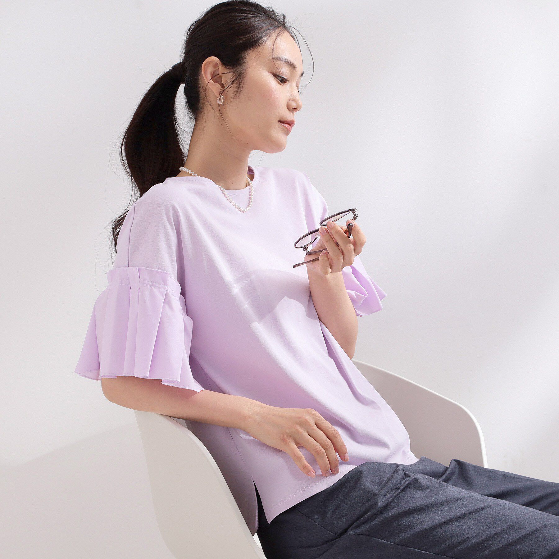 OPAQUE.CLIP「【接触冷感】タックスリーブカットソー《洗濯機OK》」|Tシャツ・カットソー|ラベンダー(080)