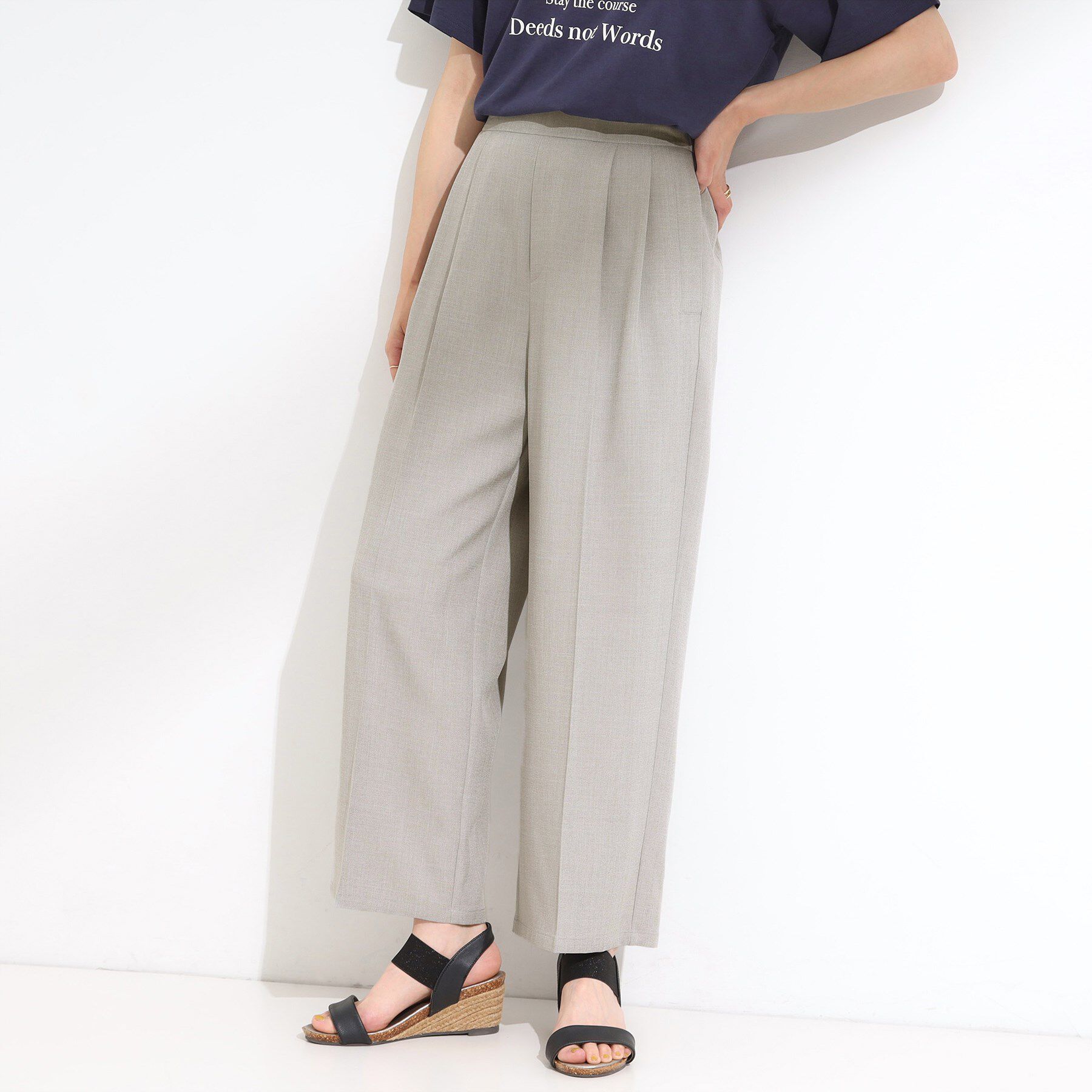 SHOO･LA･RUE「【S-LL/セットアップ可/洗濯後しわになりにくい】きちんと見え タックワイドパンツ」|その他|グレー(012)