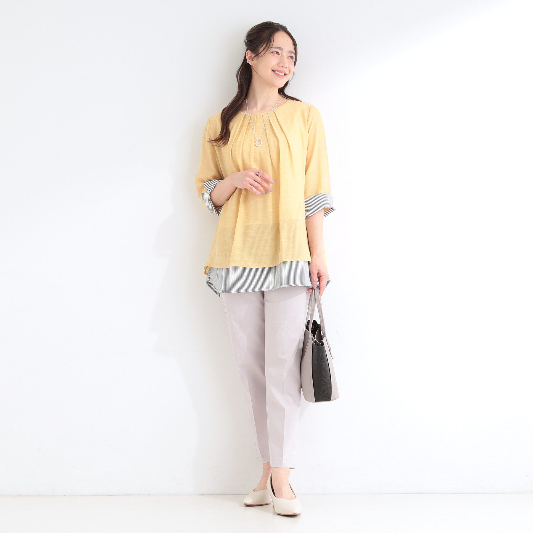 SHOO･LA･RUE「【洗濯機可/体型カバー】1枚でサマ見え 7分袖スラブレイヤード風トップス」|Tシャツ・カットソー|