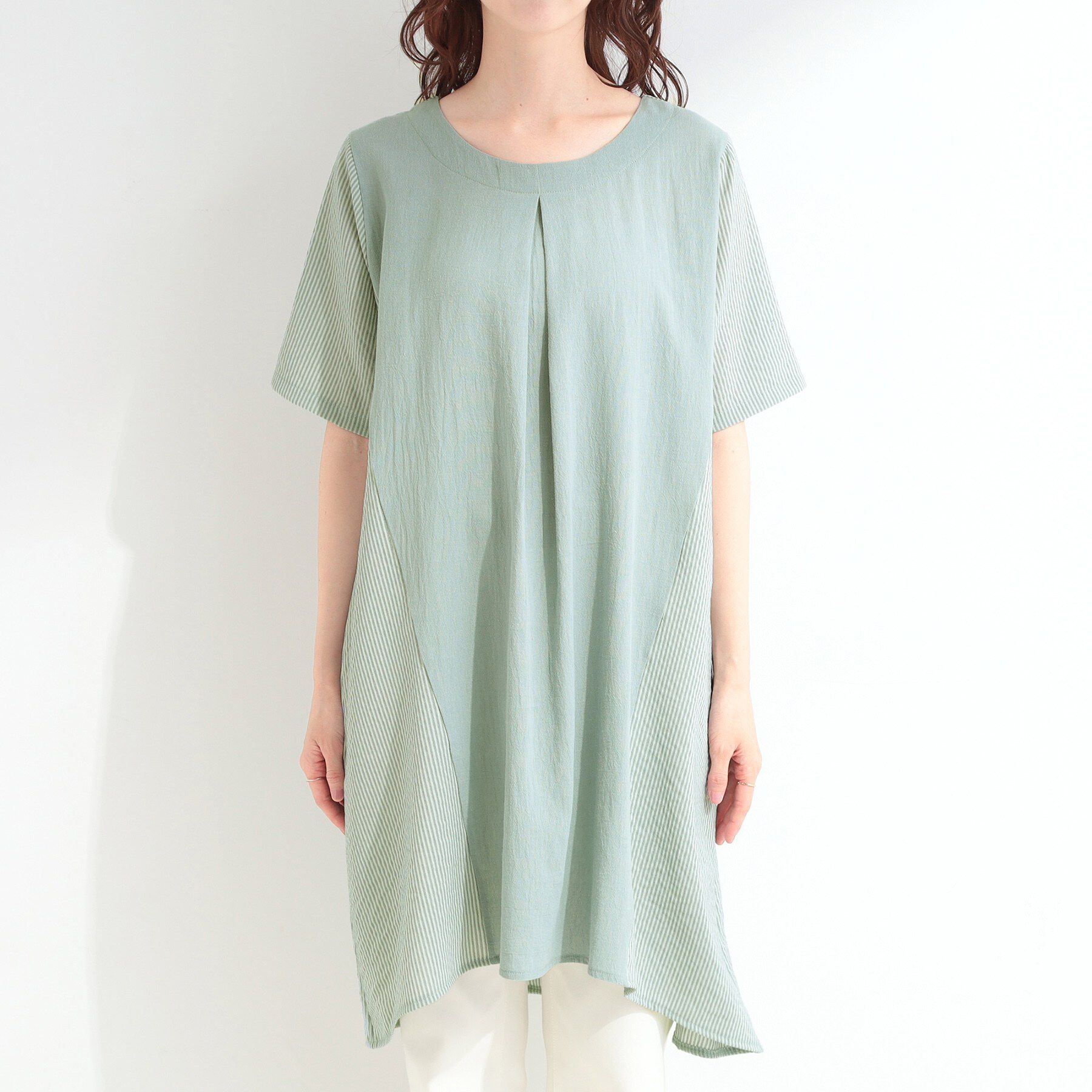 SHOO･LA･RUE「【洗濯機可/S-LL】体型カバーにも 異素材切り替え Aラインチュニックワンピース」|チュニック|