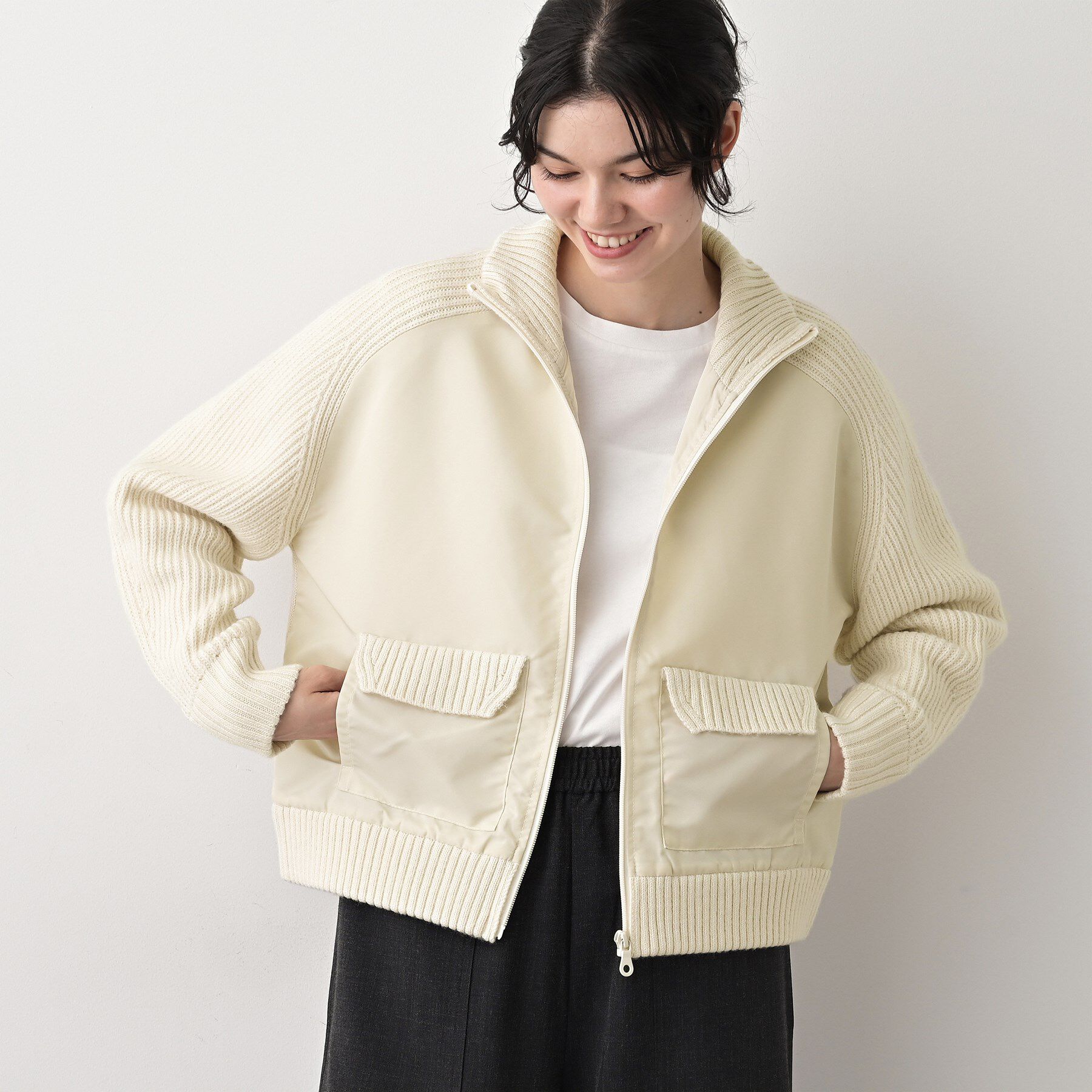 Dessin「【洗える】異素材ミックスジップブルゾン」|ブルゾン・スタジャン|オフホワイト(003