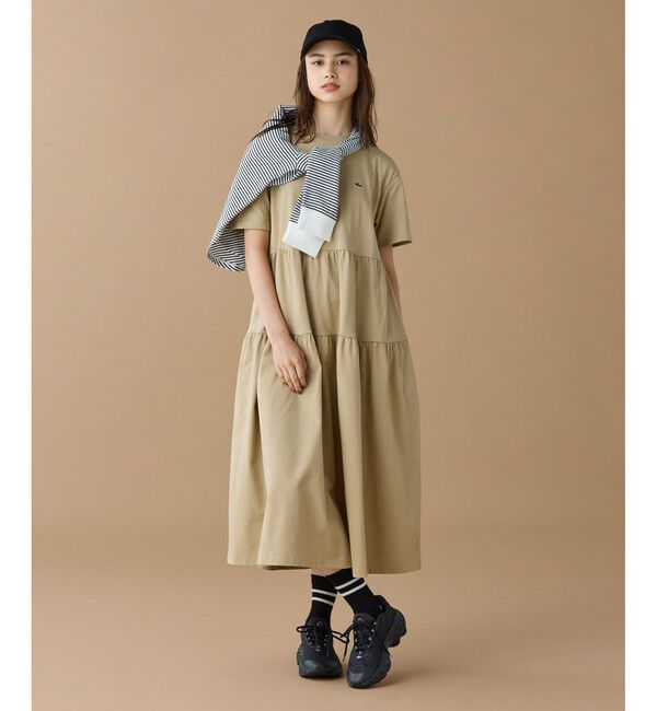 LACOSTE「ティアード切り替え コットンドレス マキシ丈 ワンピース」|ワンピース|ベージュ