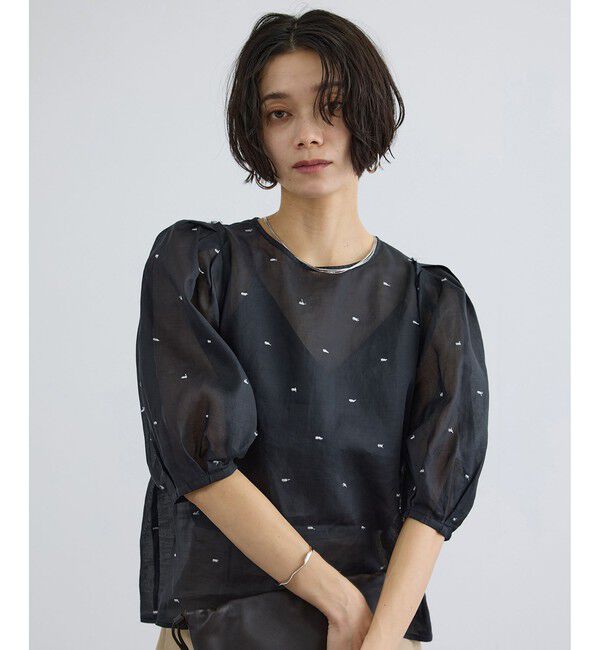 SALON adam et rope'「【WEB限定】ラメドットシアーボリュームスリーブブラウス / イージーケア」|シャツ・ブラウス|ブラック(01)