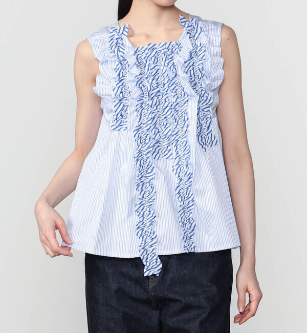  「RhodolirioN | コットン スリーブレス フリルシャツ STRIPE WOMEN」|シャツ・ブラウス|BLUE系1