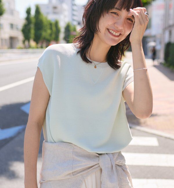  「予約【接触冷感/UVカット/美シルエット】クールタッチUVフレンチクルーニット」|ニット・セーター|サックスブルー