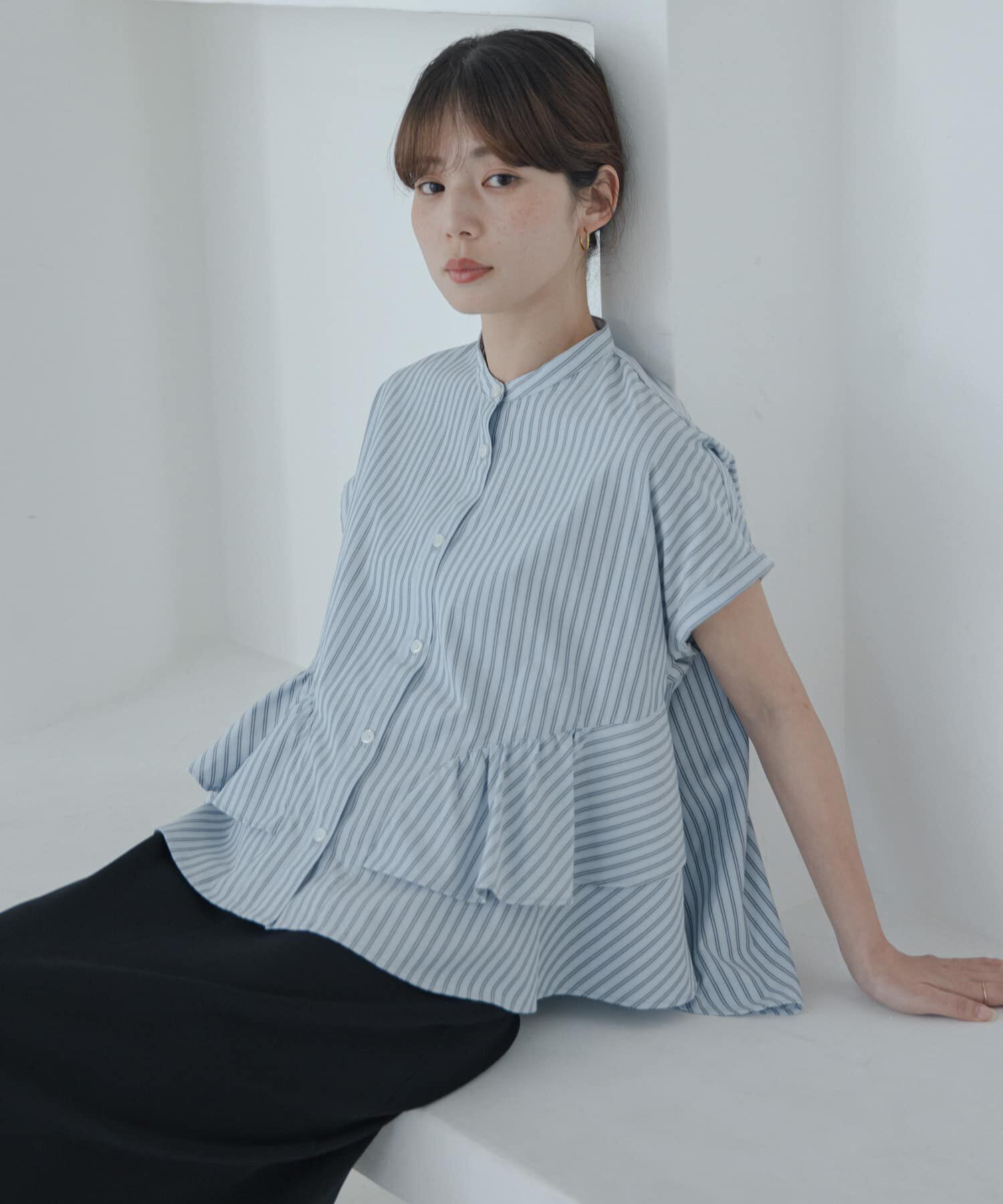 Sonny Label 「『WEB限定』バンドカラーフリルストライプ半袖シャツ」|シャツ・ブラウス|ブルー系その他