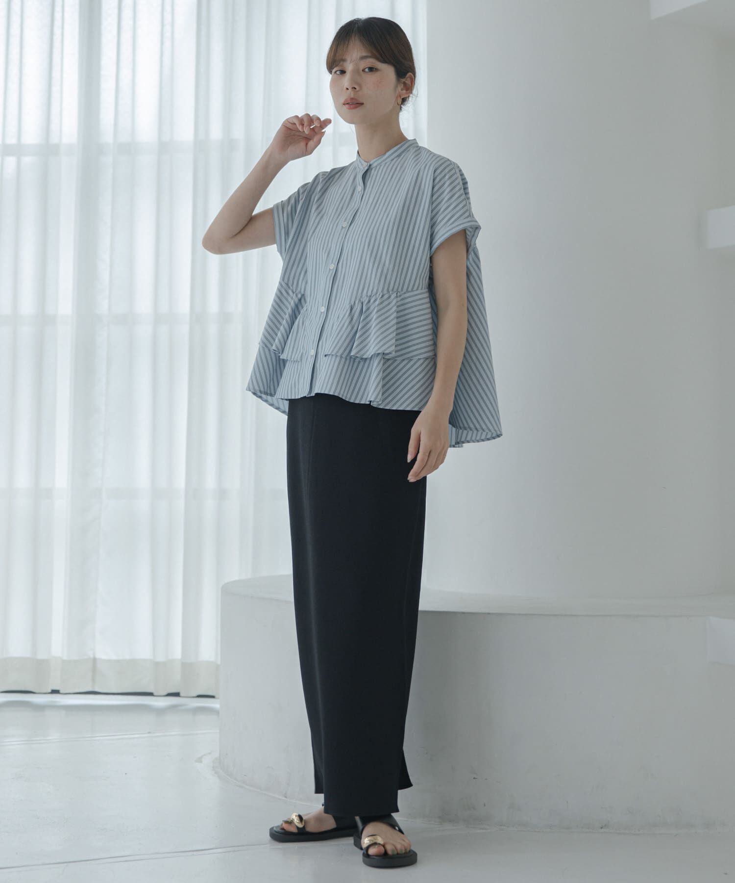 Sonny Label 「『WEB限定』バンドカラーフリルストライプ半袖シャツ」|シャツ・ブラウス|