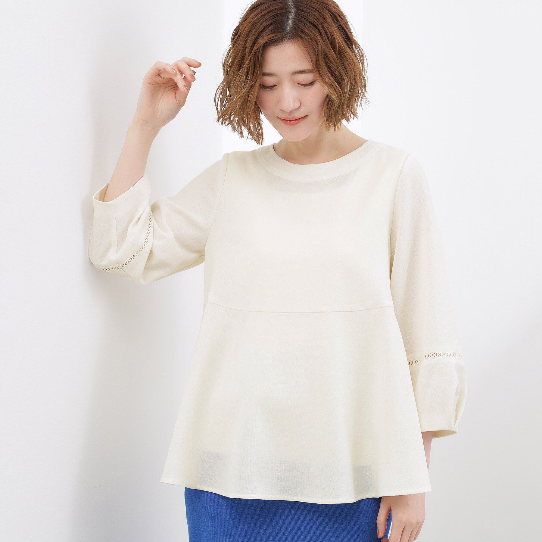grove「【UVカット・体型カバーも叶う】麻調メッシュランタンスリーブブラウス」|シャツ・ブラウス|オフホワイト(003