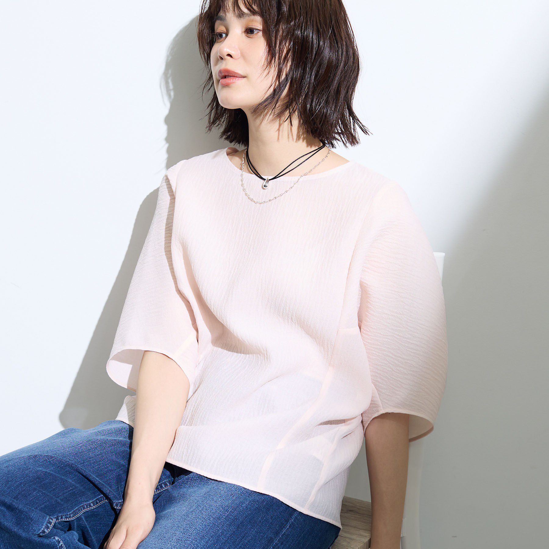 INDIVI「【華奢見え】ジャカード ドルマントップス」|Tシャツ・カットソー|ライトピンク(070