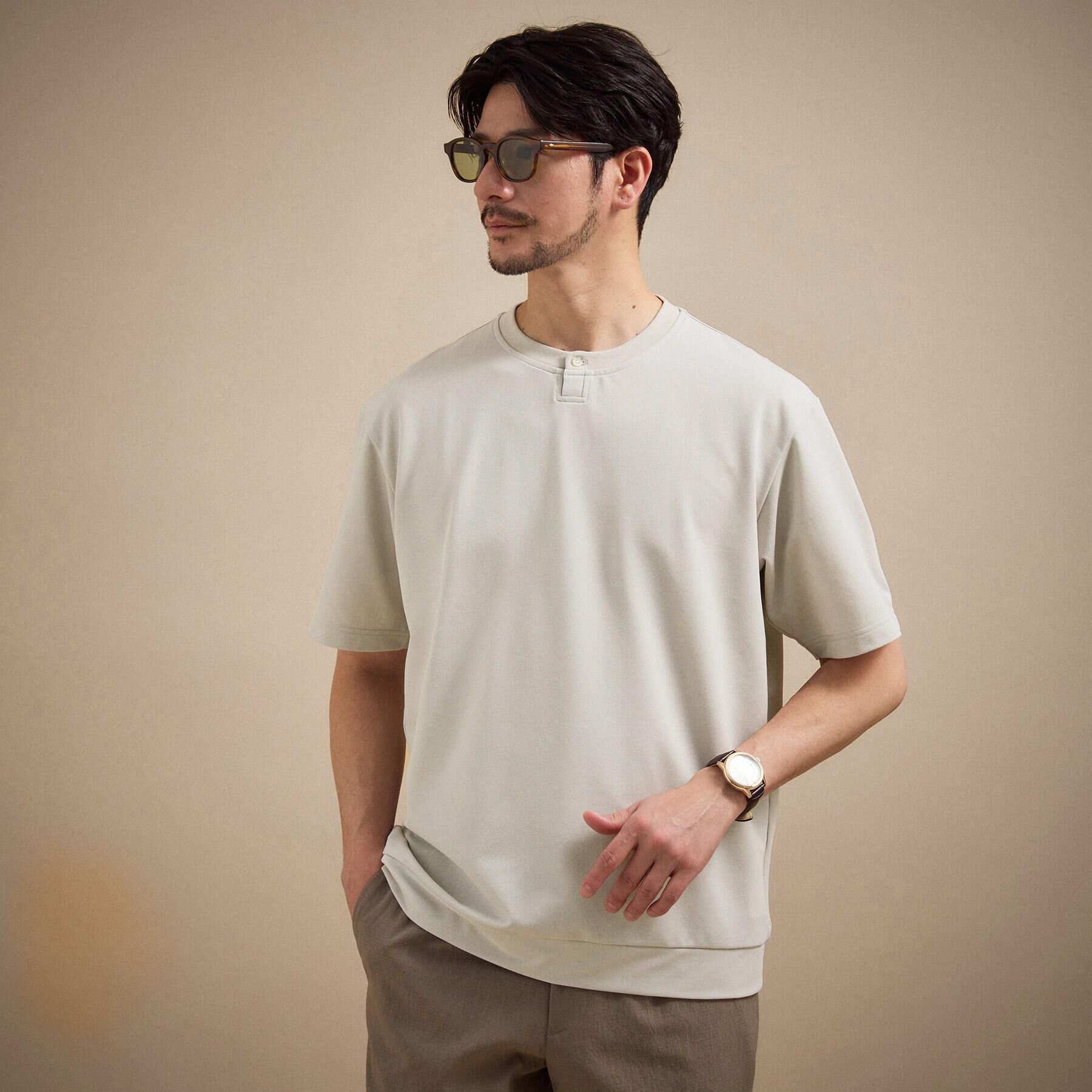 TAKEO KIKUCHI「リネン ライク 鹿の子 ヘンリー ハーフ ヘンリー ネック」|Tシャツ・カットソー|ライトグレー(011