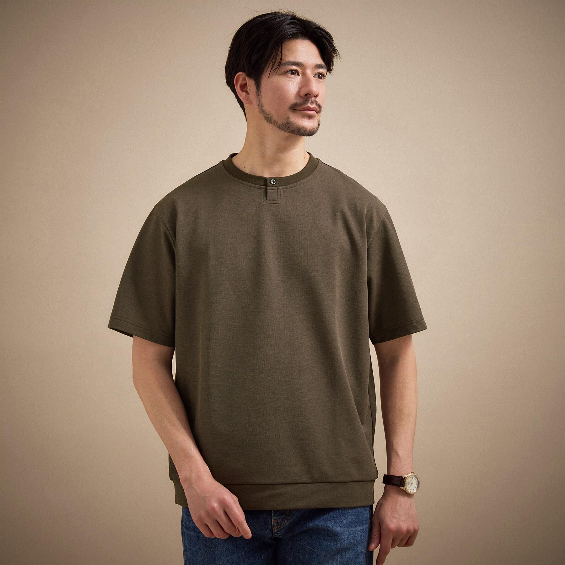 TAKEO KIKUCHI「リネン ライク 鹿の子 ヘンリー ハーフ ヘンリー ネック」|Tシャツ・カットソー|ブラウン(043)