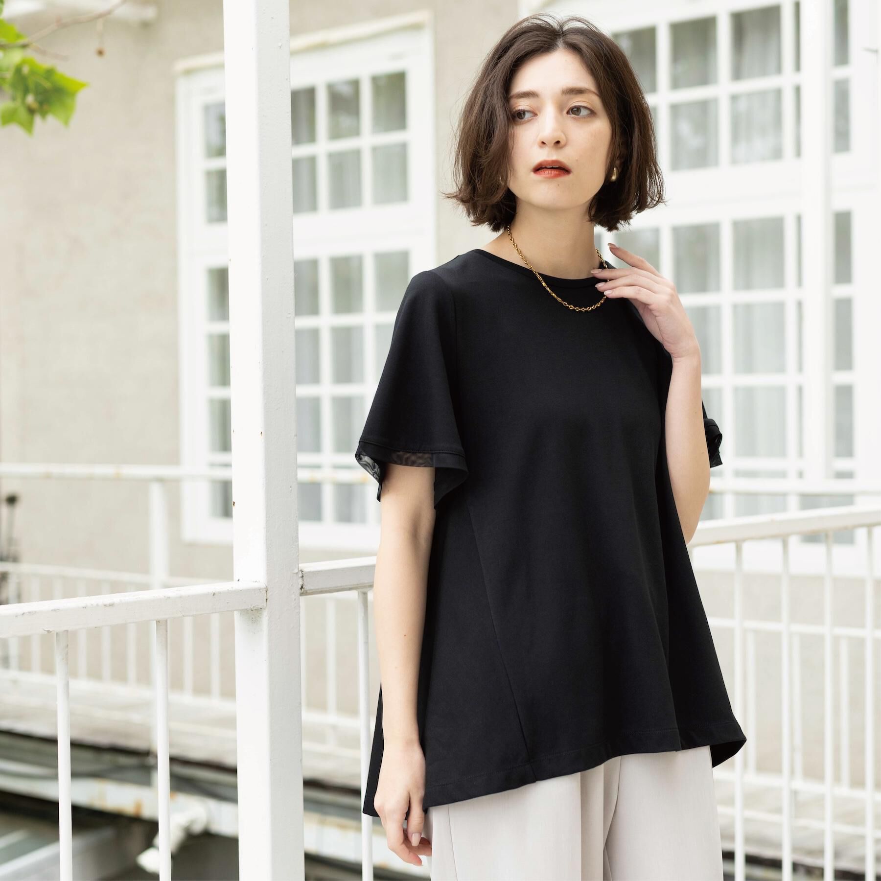 OPAQUE.CLIP「【UVケア／接触冷感】スーパーアイス 袖チュールペプラムカットソー《洗濯機OK》」|Tシャツ・カットソー|