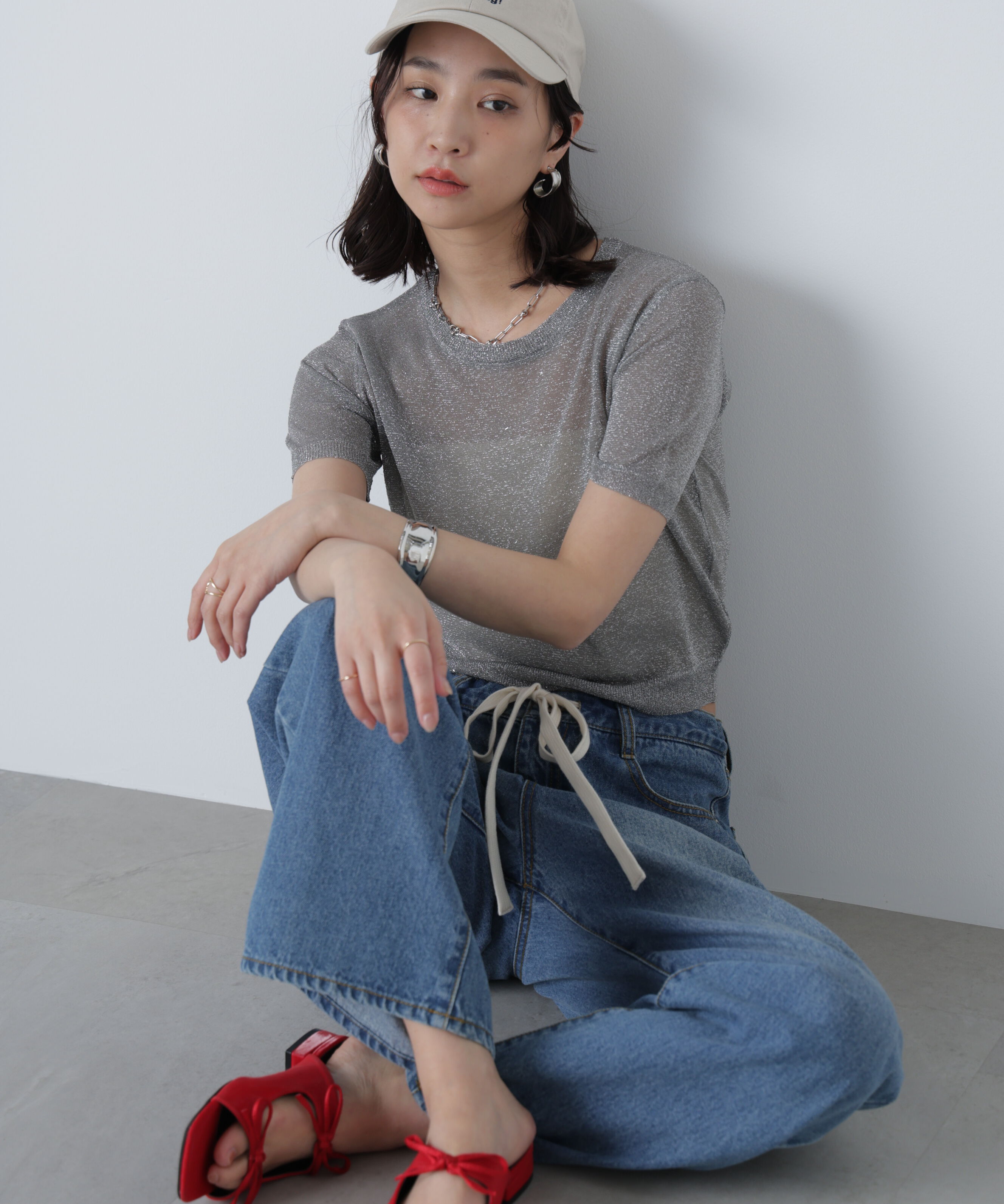  「コンパクトラメシアー半袖ニット」|ニット・セーター|シルバー