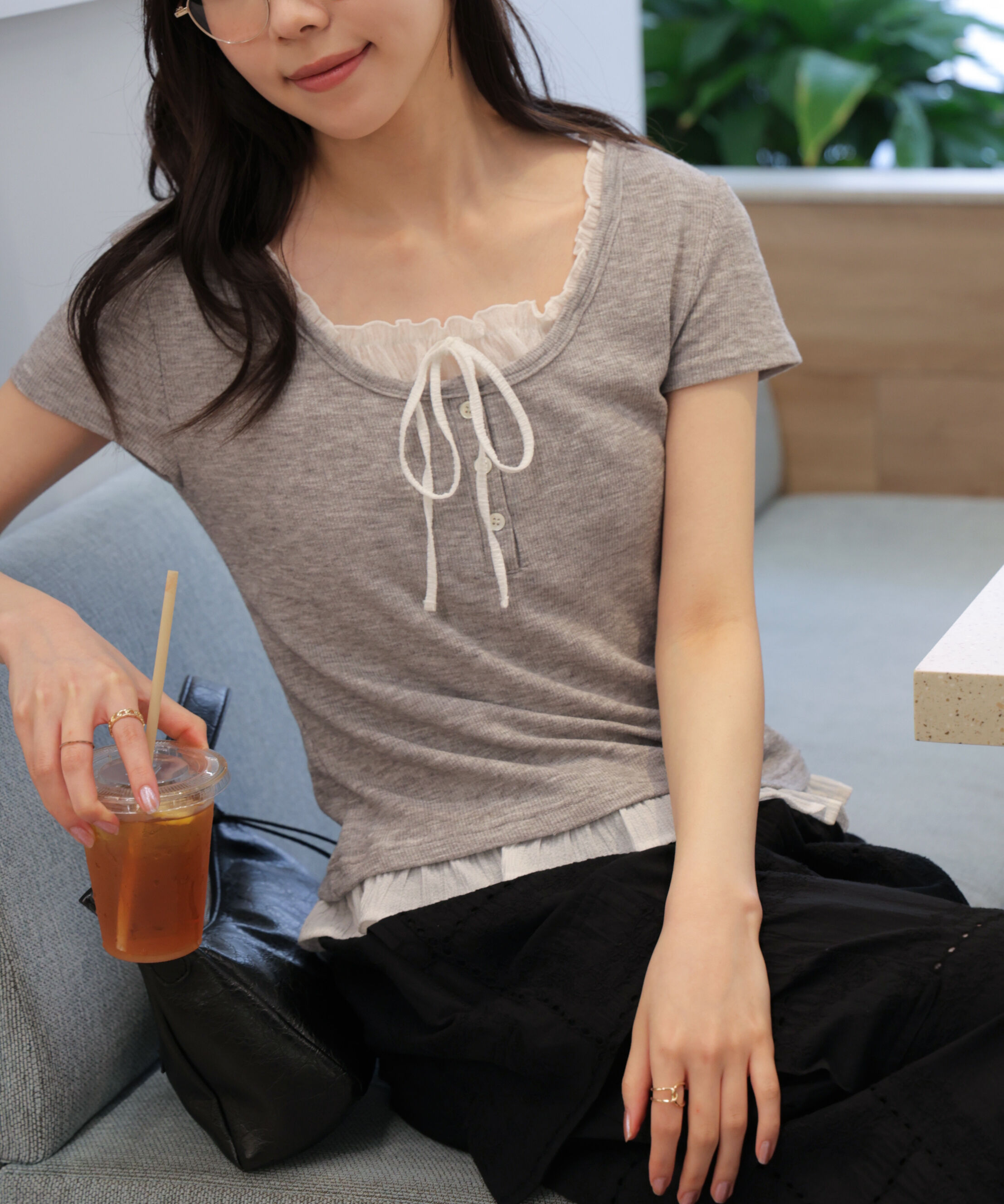  「フェイクレイヤードフリルリボンフレンチスリーブカットソー」|Tシャツ・カットソー|グレー