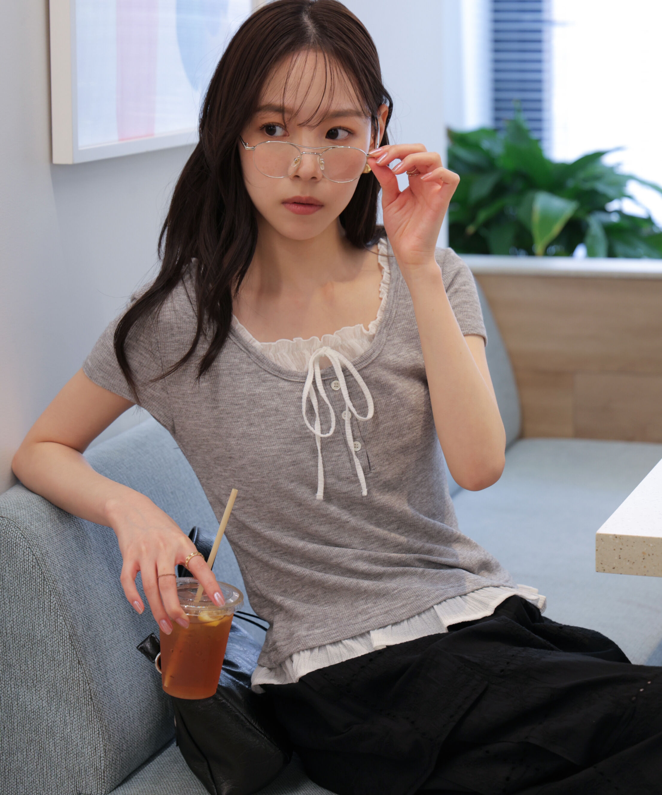  「フェイクレイヤードフリルリボンフレンチスリーブカットソー」|Tシャツ・カットソー|