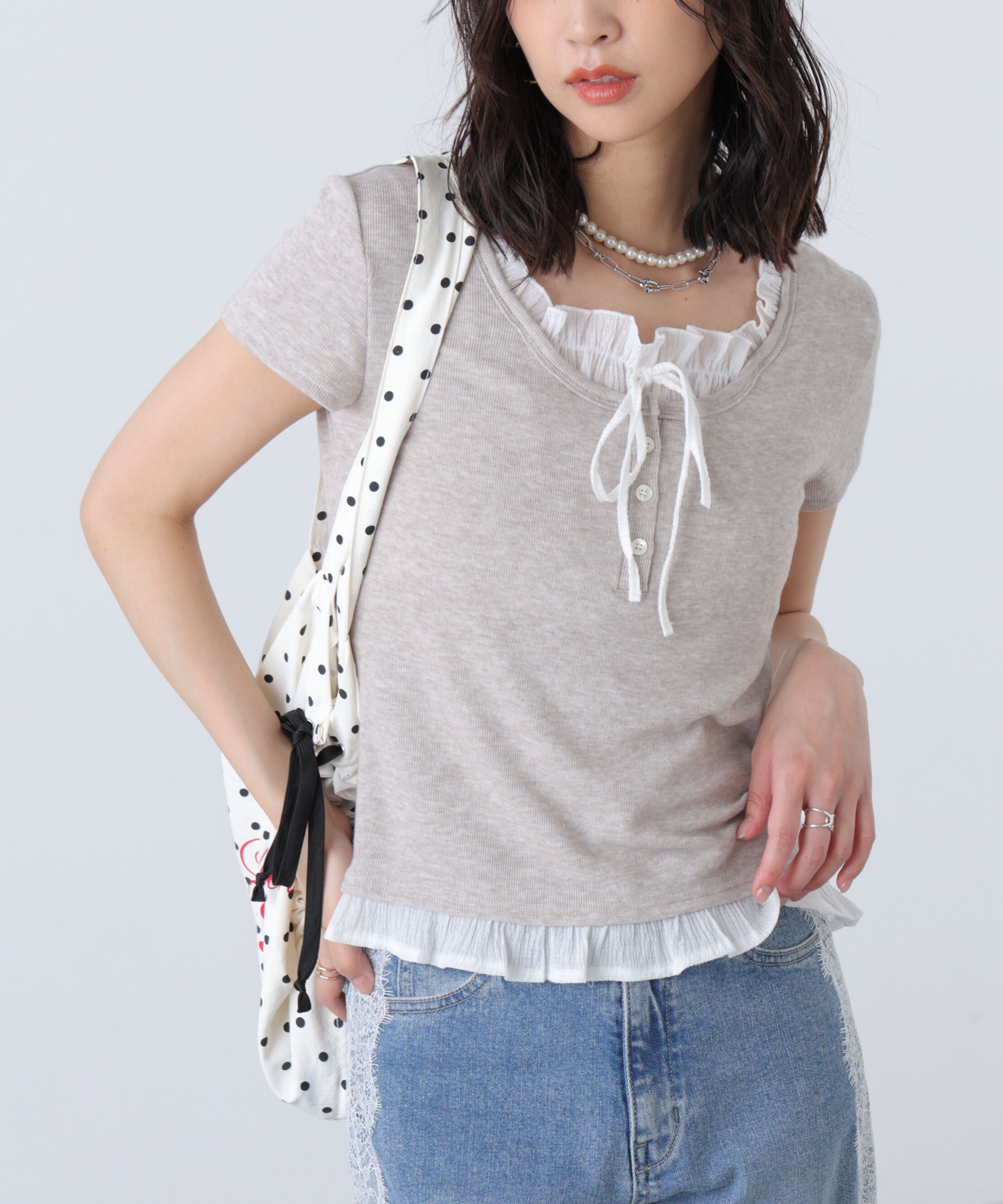  「フェイクレイヤードフリルリボンフレンチスリーブカットソー」|Tシャツ・カットソー|