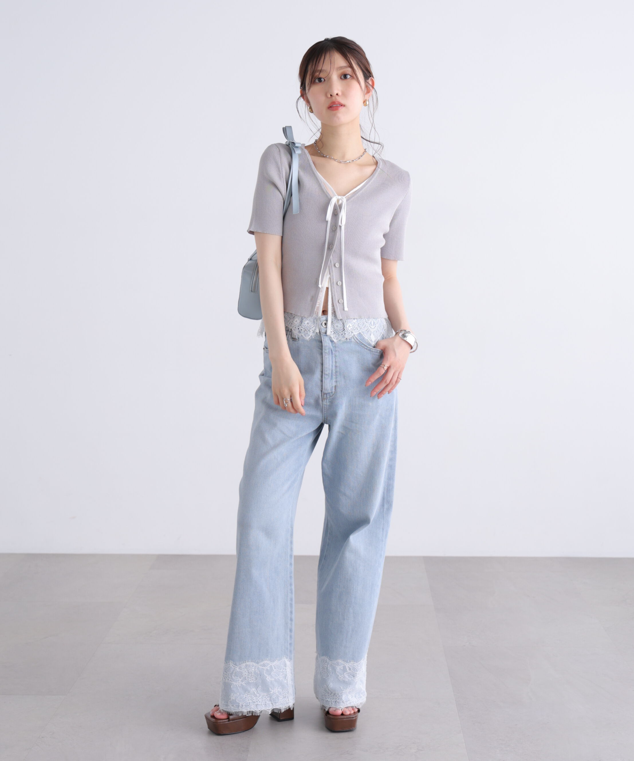  「[低身長サイズ/Sシリーズ]ベーシックワイド裾レースデニムパンツ」|その他|