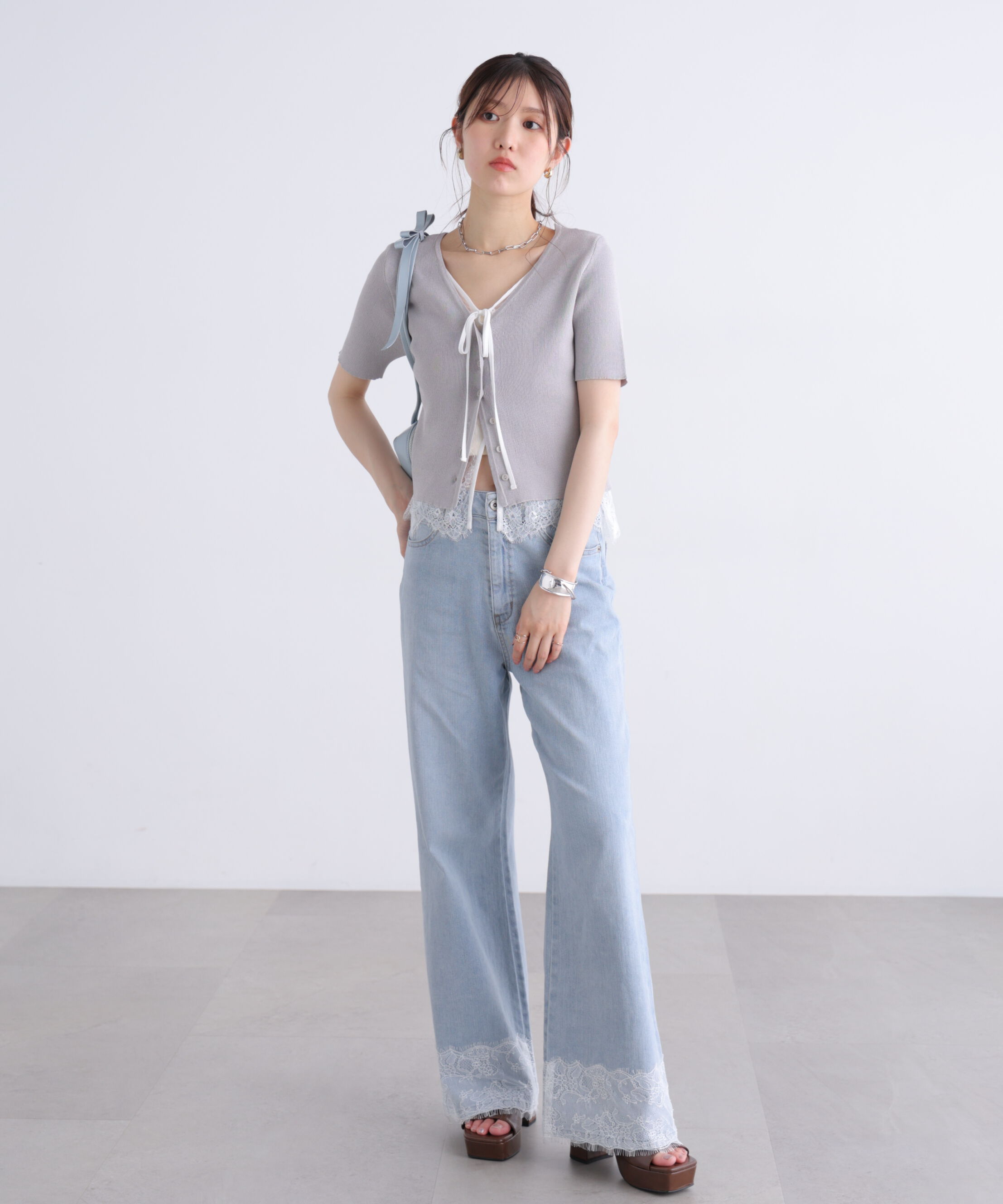  「[低身長サイズ/Sシリーズ]ベーシックワイド裾レースデニムパンツ」|その他|