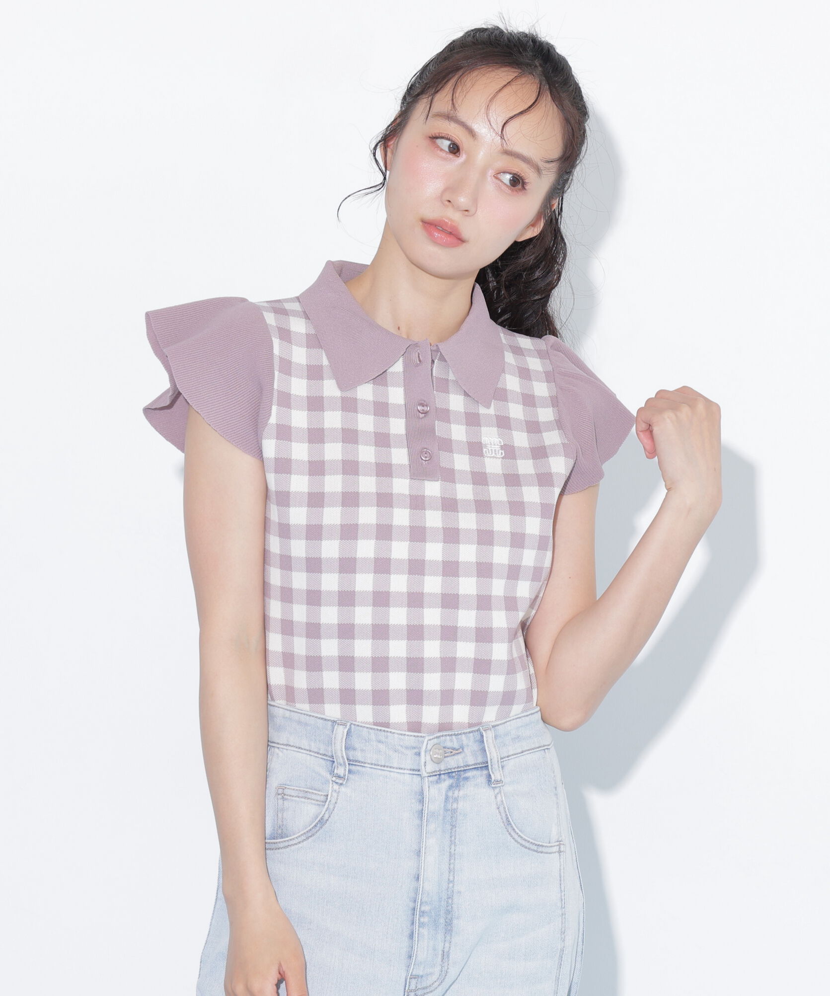  「＜WEB限定カラーあり＞フリル袖ポロニット」|ニット・セーター|ピンクチェッ 1