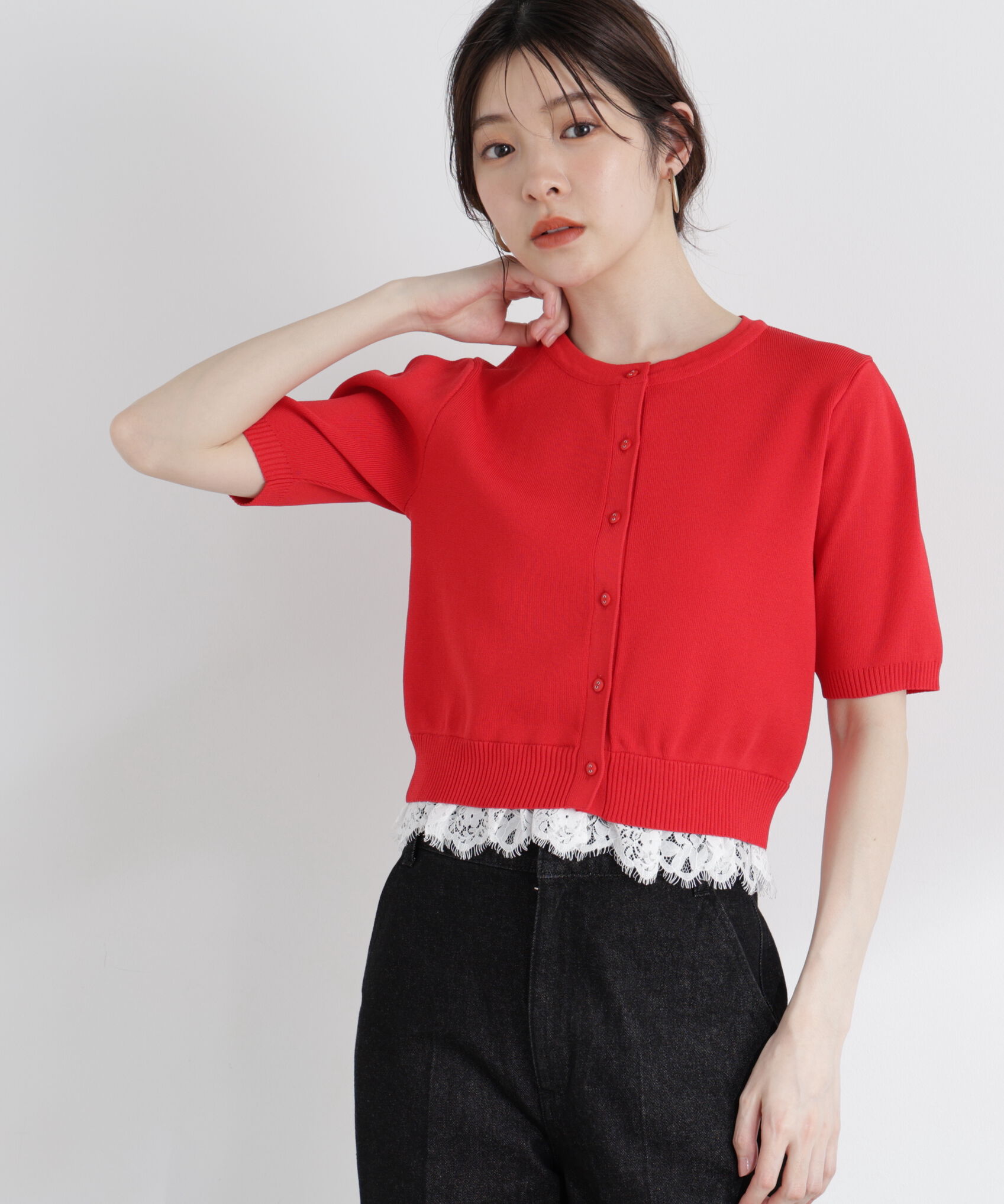 PROPORTION BODY DRESSING「レーストリムショートカーディガン」|カーディガン|レッド