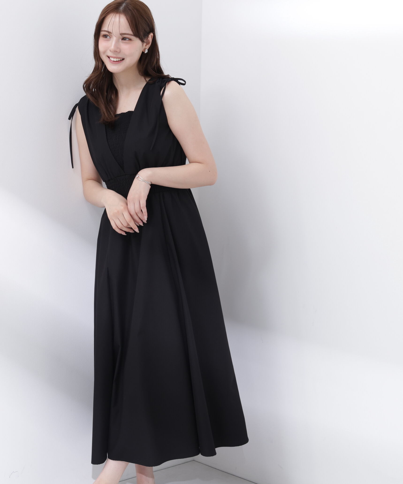 PROPORTION BODY DRESSING「＜中川紅葉さん着用＞ショルダーリボンギャザーワンピース」|ワンピース|ブラック