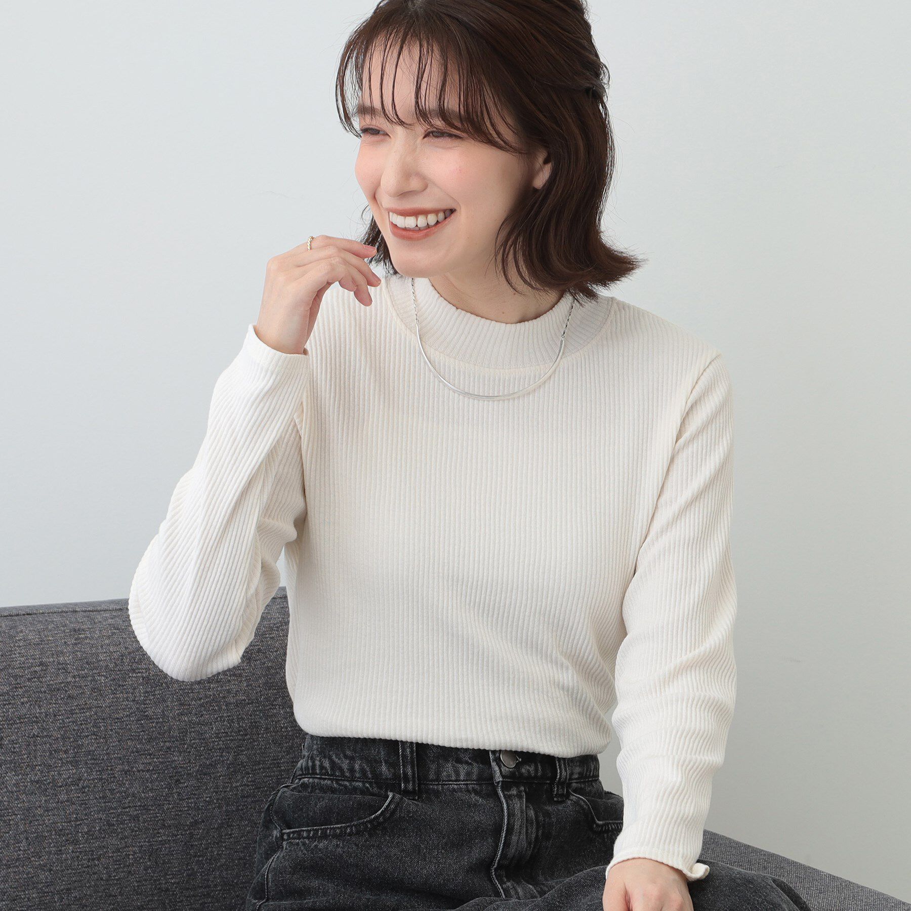 SHOO･LA･RUE「【S-LL】テレコリブハイネックトップス」|Tシャツ・カットソー|オフホワイト(003