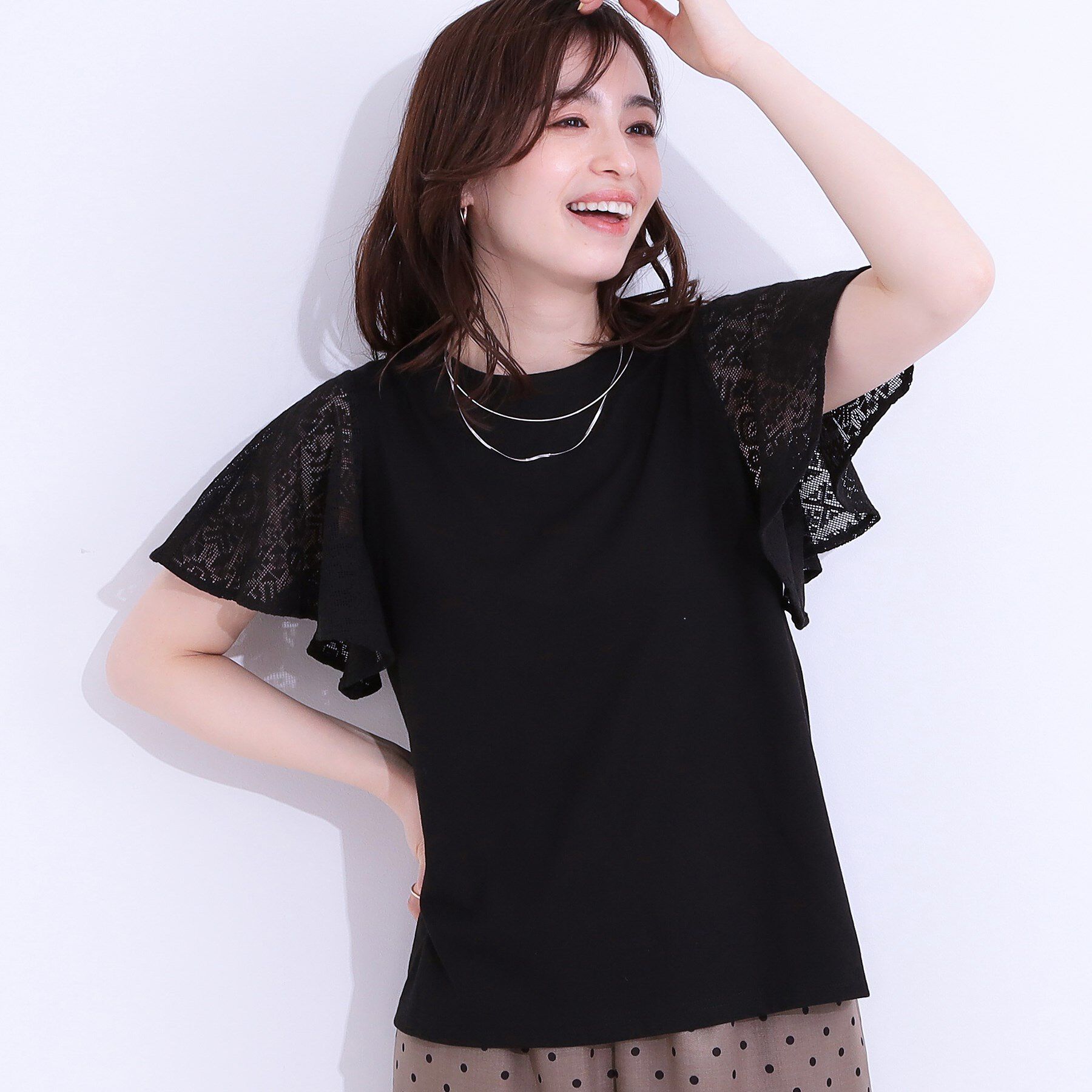 SHOO･LA･RUE「【S-LL】大人の上品コーデに お袖レース切り替えトップス」|Tシャツ・カットソー|ブラック(019)