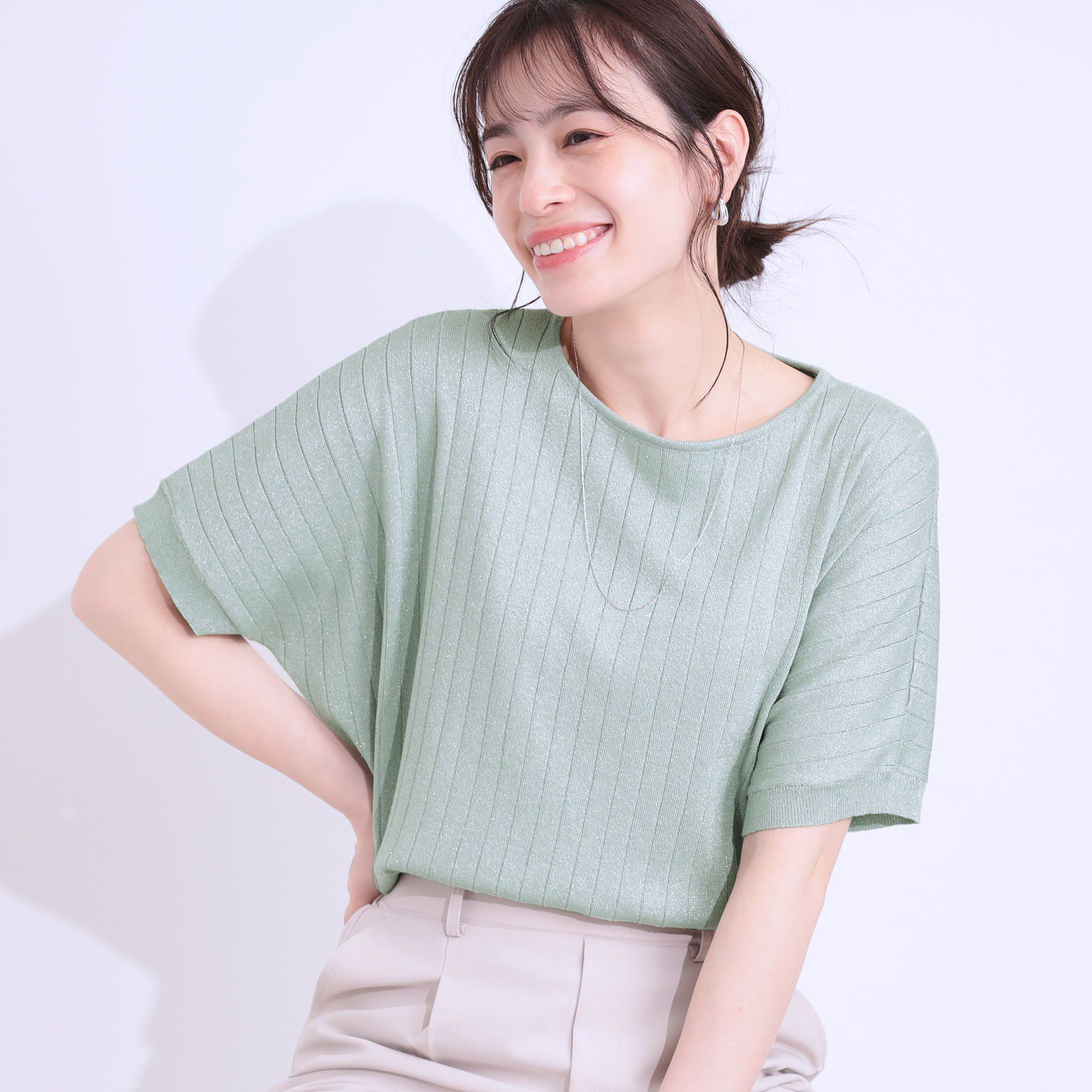 SHOO･LA･RUE「【二の腕カバー】さりげないラメが上品見え リブドルマンニット」|ニット・セーター|ミントグリーン(02