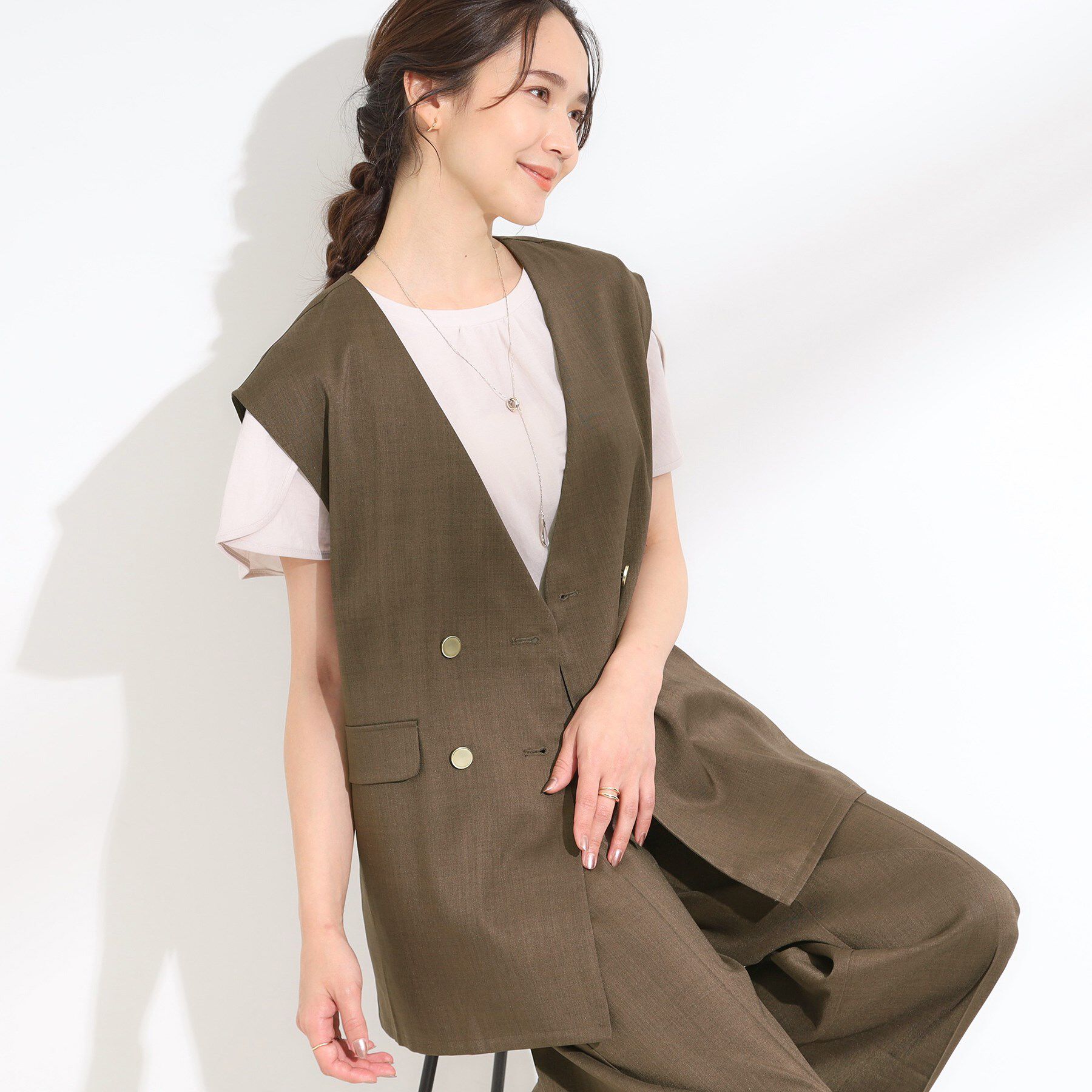 SHOO･LA･RUE「【S-LL/セットアップ可/洗濯後しわになりにくい】ダブルベスト」|ベスト・ジレ|ブラウン(043)