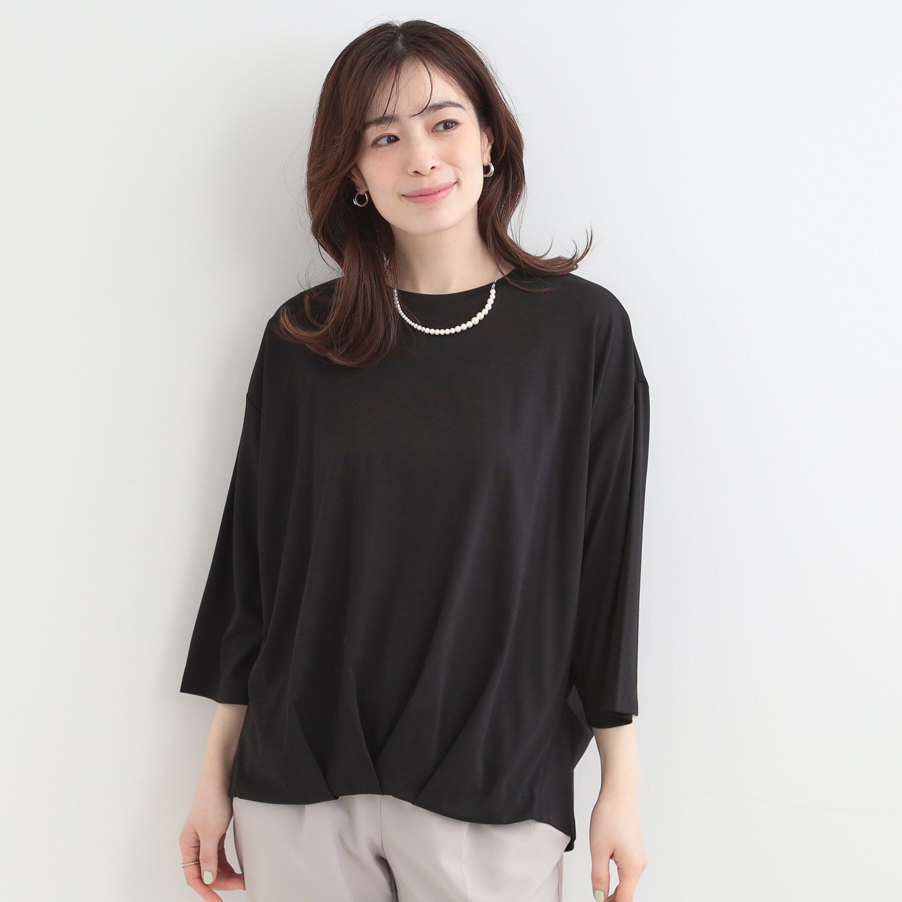 SHOO･LA･RUE「【ひんやり/UV/体型カバー】とろみフロントタック7分袖ゆるトップス」|Tシャツ・カットソー|