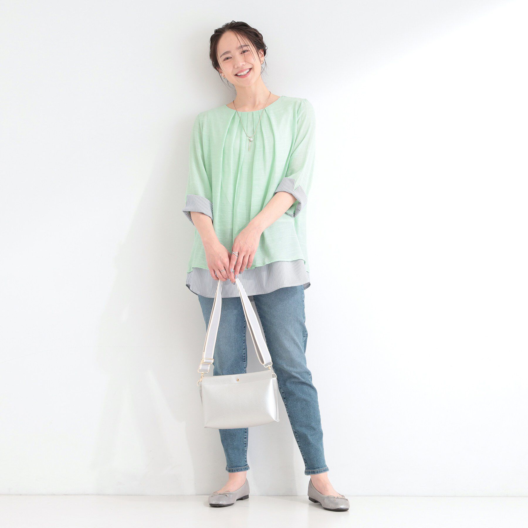 SHOO･LA･RUE「【洗濯機可/体型カバー】1枚でサマ見え 7分袖スラブレイヤード風トップス」|Tシャツ・カットソー|