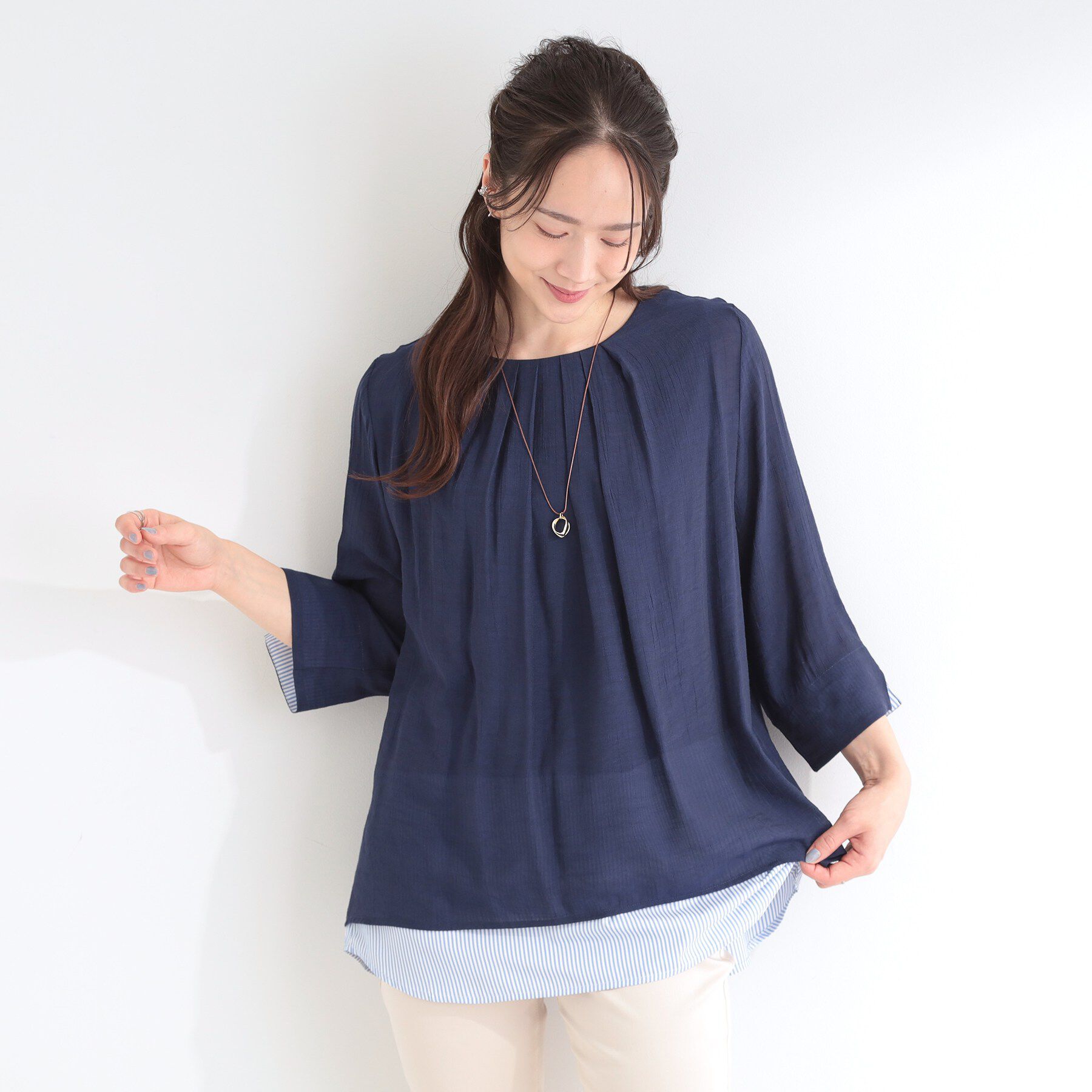 SHOO･LA･RUE「【洗濯機可/体型カバー】1枚でサマ見え 7分袖スラブレイヤード風トップス」|Tシャツ・カットソー|