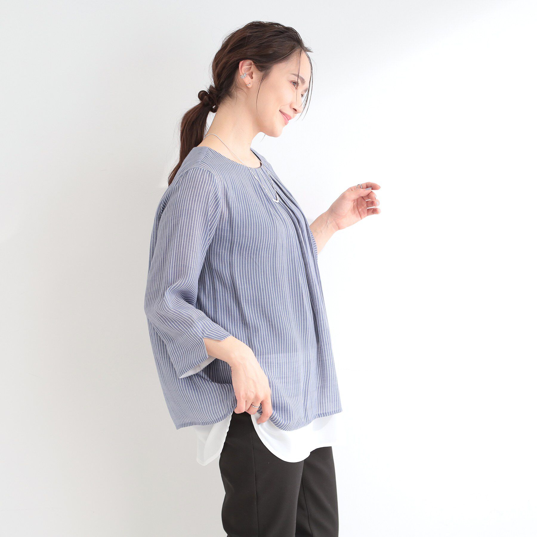 SHOO･LA･RUE「【洗濯機可/体型カバー】1枚でサマ見え 7分袖スラブレイヤード風トップス」|Tシャツ・カットソー|