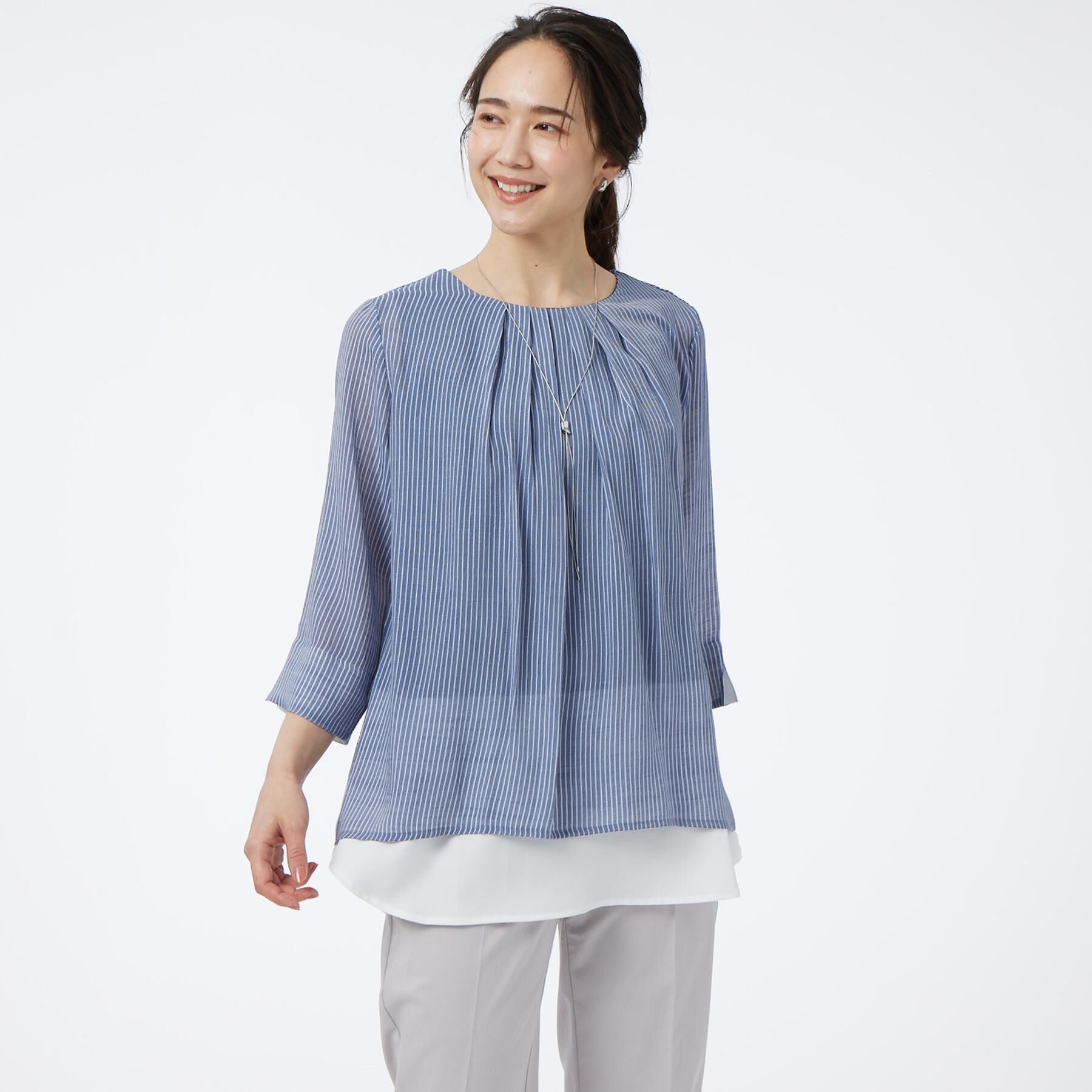 SHOO･LA･RUE「【洗濯機可/体型カバー】1枚でサマ見え 7分袖スラブレイヤード風トップス」|Tシャツ・カットソー|