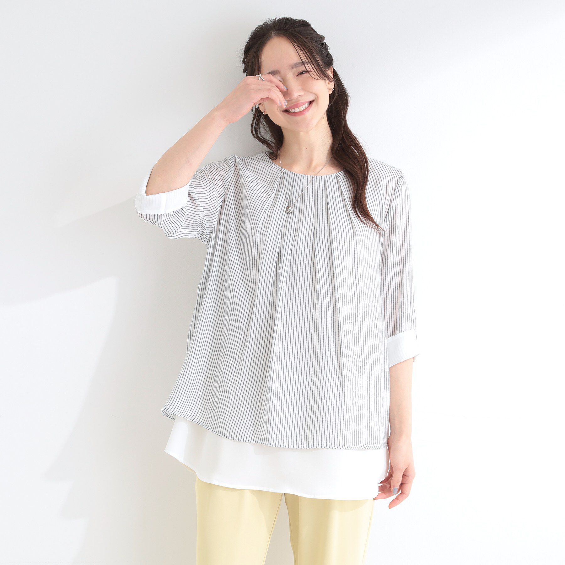 SHOO･LA･RUE「【洗濯機可/体型カバー】1枚でサマ見え 7分袖スラブレイヤード風トップス」|Tシャツ・カットソー|