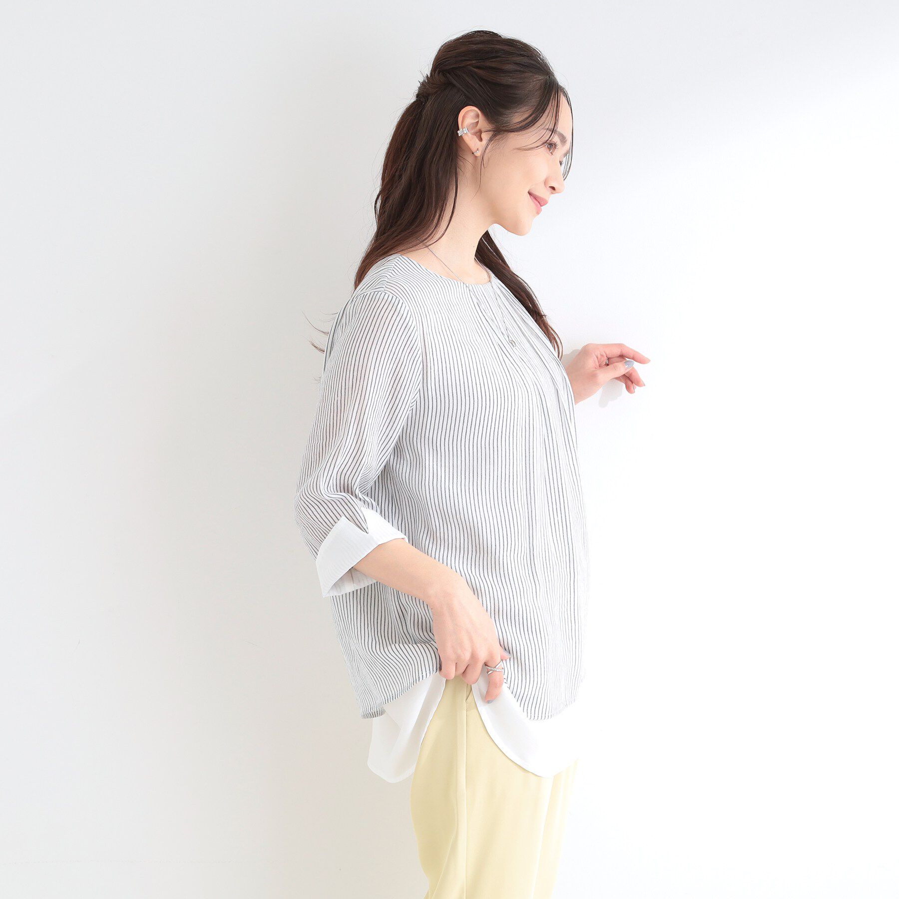 SHOO･LA･RUE「【洗濯機可/体型カバー】1枚でサマ見え 7分袖スラブレイヤード風トップス」|Tシャツ・カットソー|