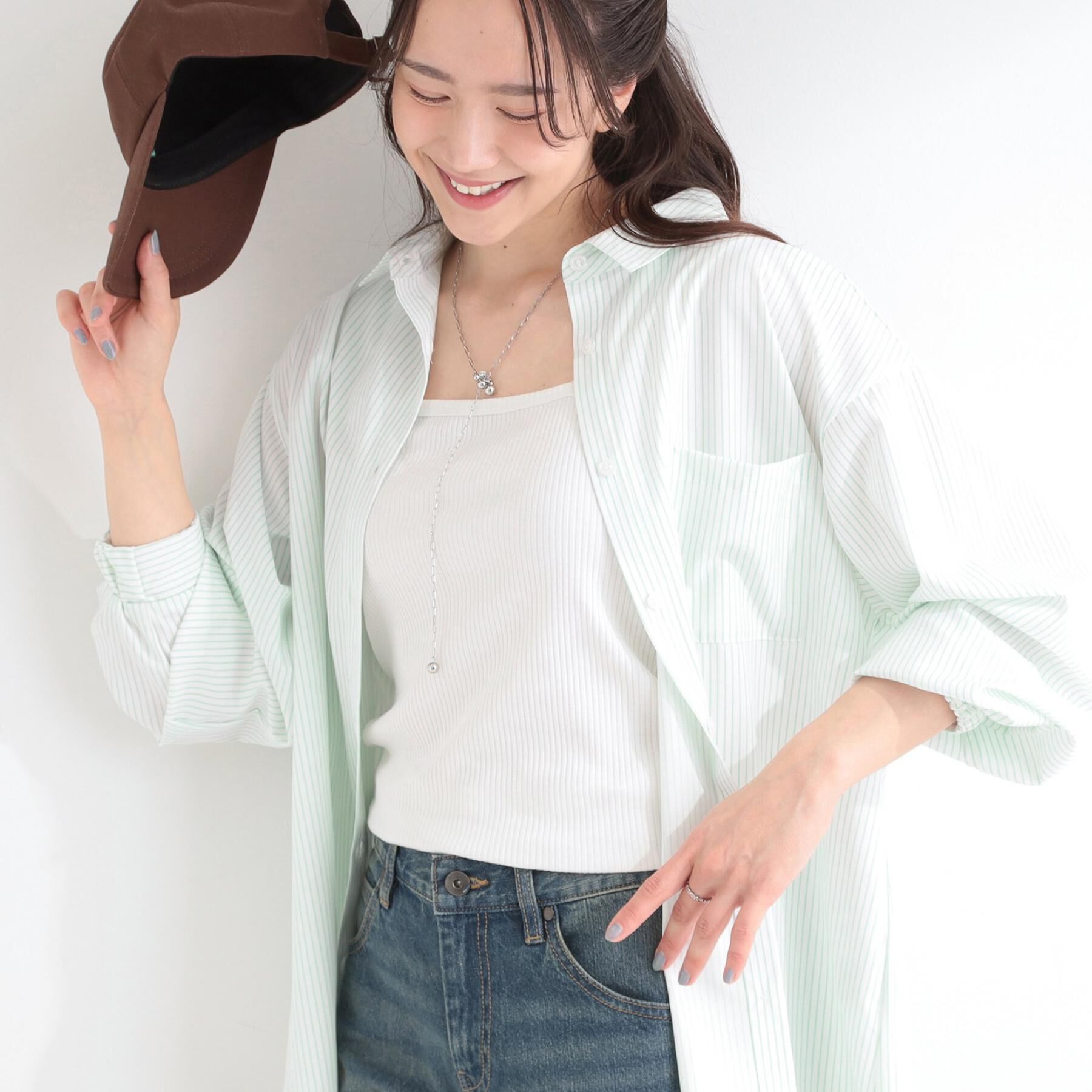 SHOO･LA･RUE「【ひんやり/UV/吸水速乾/洗濯後しわになりにくい】ラッシュガードにもなる ストライプシャツ」|シャツ・ブラウス|ミントグリーン(32