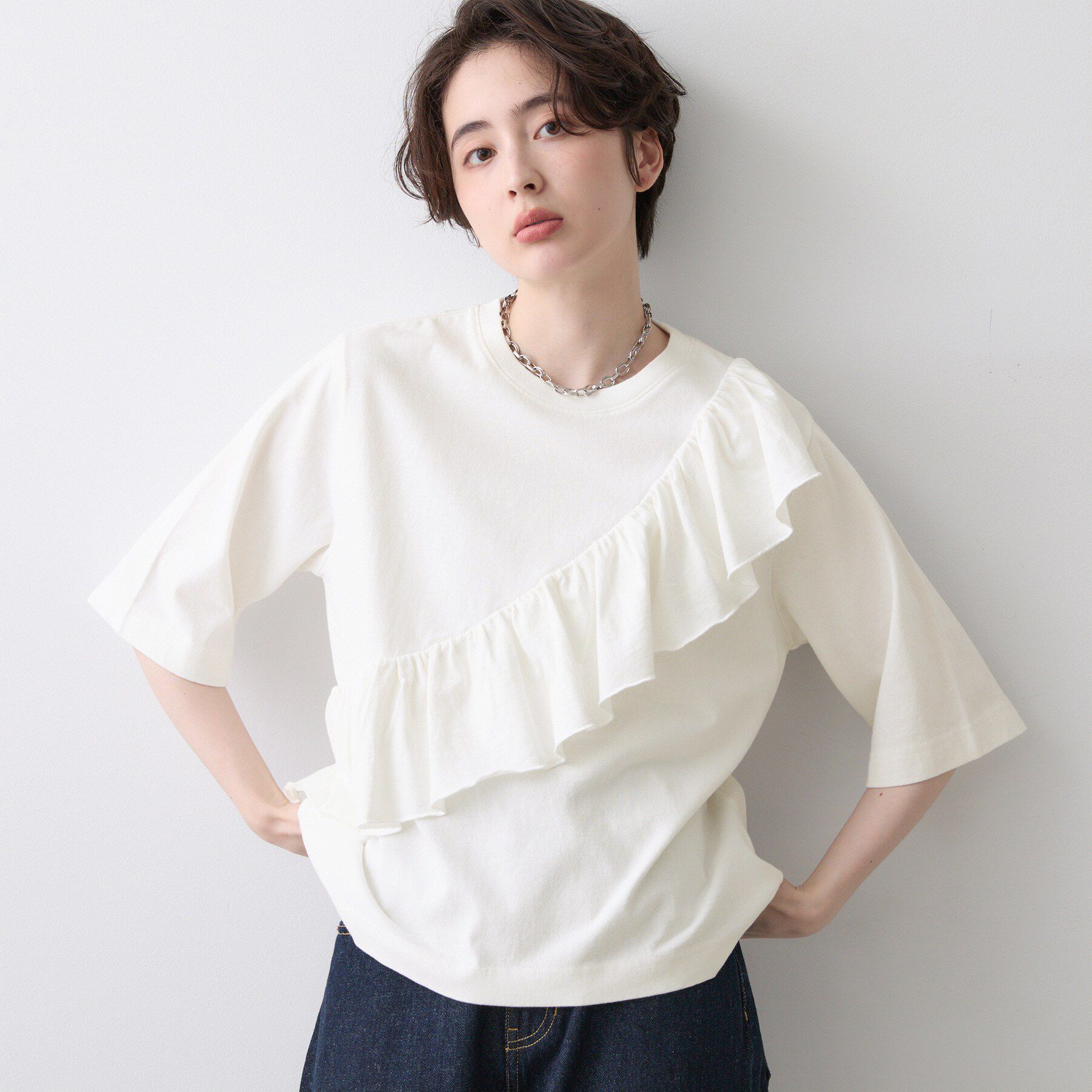 Dessin「アシメフリル ヴィンテージライクプルオーバー」|Tシャツ・カットソー|ホワイト(002)