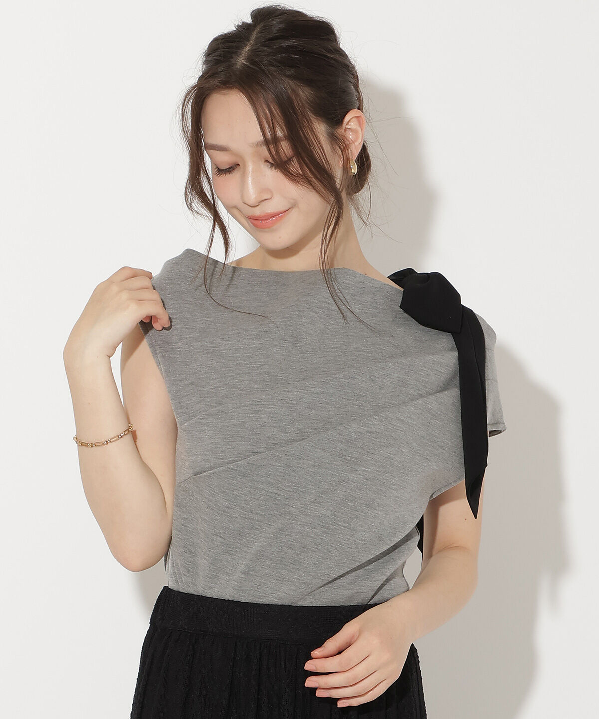 WILLSELECTION「リボンショルダードレープカットトップス」|Tシャツ・カットソー|グレー