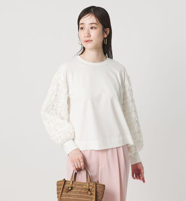 UNITED ARROWS「エンブロイダリーフラワー ショルダーコンビ カットソー」|Tシャツ・カットソー|WHITE