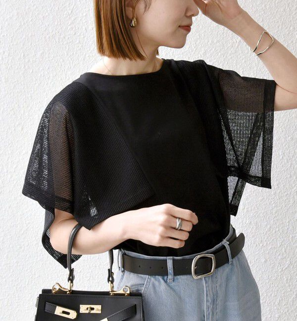 SHIPS any「《一部追加予約》SHIPS any:〈手洗い可能〉メッシュ シアー ハンカチ スリーブ ドッキング TEE」|Tシャツ・カットソー|ブラック