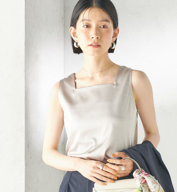 SHIPS for women「《一部予約》〈手洗い可能〉2WAY サテン &times; カットソー スクエア タンクトップ」|タンクトップ|シルバーグレー