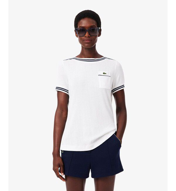 LACOSTE「フランスメイド レース調リブニットボーダー ボートネックTシャツ」|Tシャツ・カットソー|