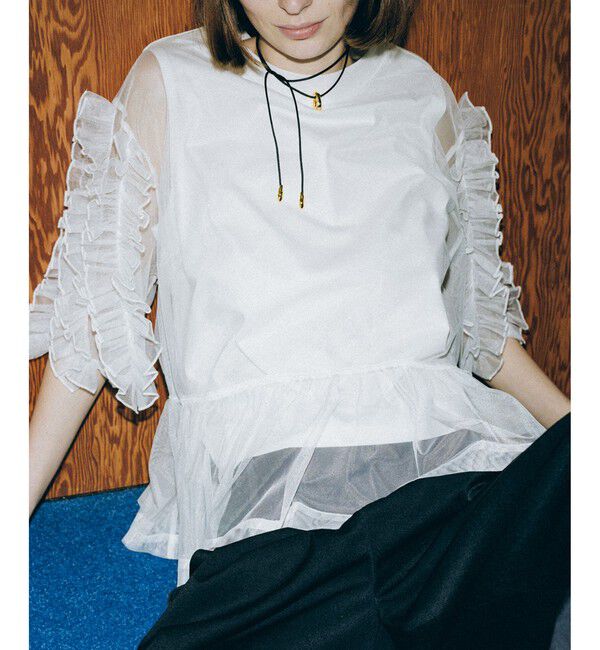ADAM ET ROPE'「【サステナブル】フリルギャザーチュールトップス」|Tシャツ・カットソー|ホワイト(10)
